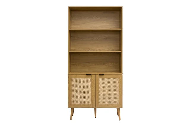 Bücherregal mit heller Holzoberfläche, Rattan und schwarzem Metall-Finish L90 MANILLE