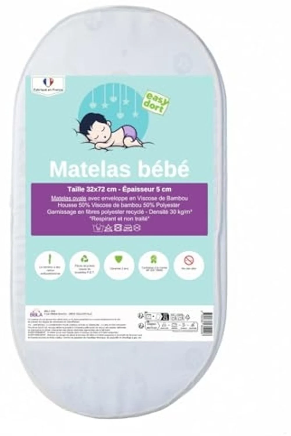 Easy dort Matratze für Babykörbchen, Bambus, 32 x 72 x 5 cm