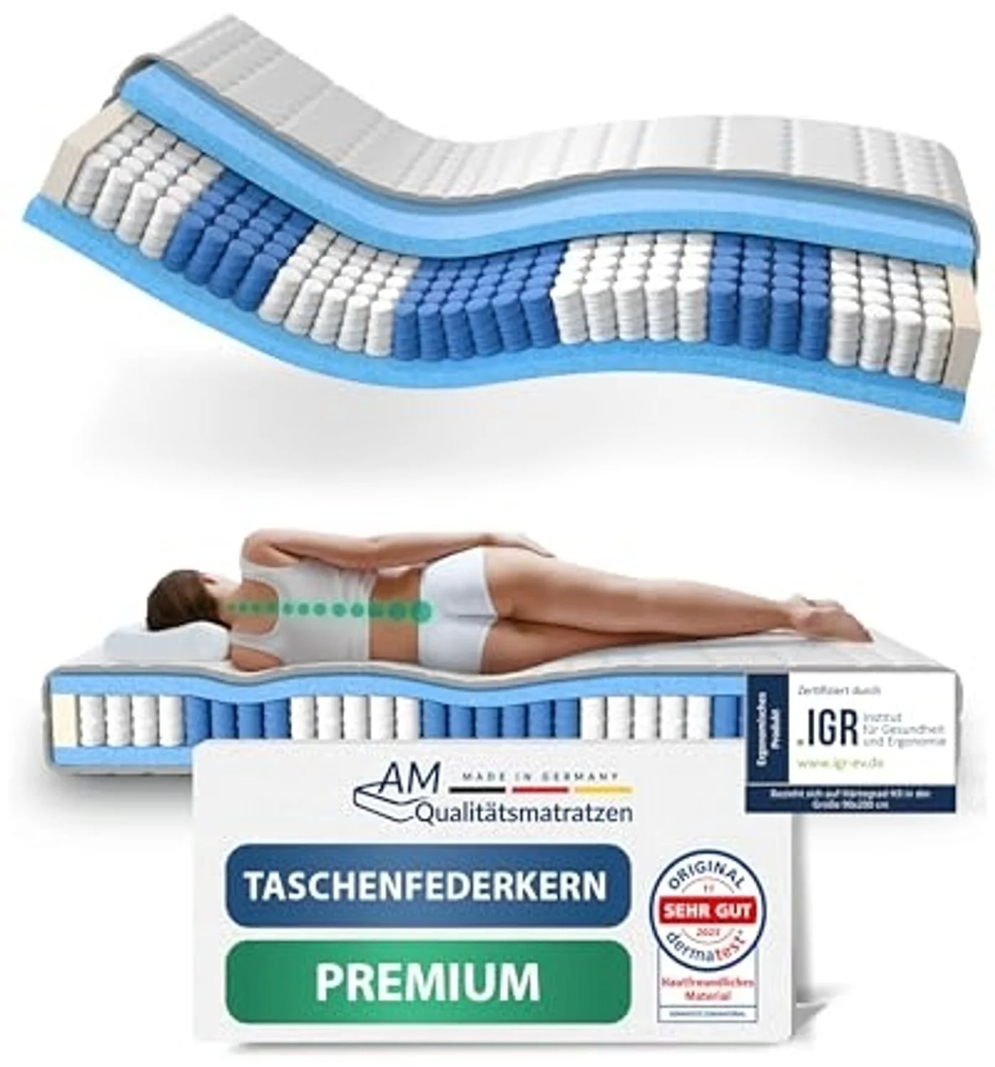 AM Qualitätsmatratzen Hochwertige 7-Zonen Taschenfederkernmatratze 160x190 cm - 24 cm Premiumhöhe - Tonnentaschenfederkernmatratze 160x190 cm - H2