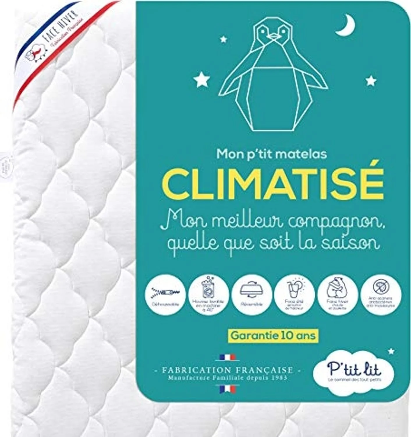 P'tit Lit - Klimatisiert Babymatratze | 60x120 cm | 1 Sommerseite / 1 Winterseite | Anti-Milbe | Abnehmbar | OekoTex