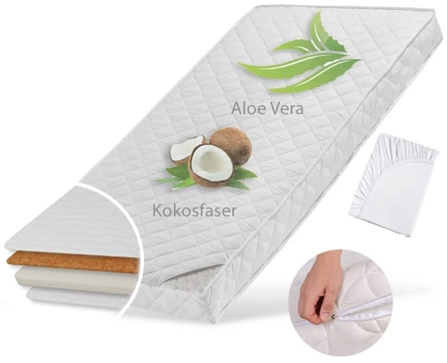 Kindermatratze 90x200 cm KOKOS mit gestepptem Aloe Vera-Bezug und zwei Härtegraden, 10 cm hoch, Babymatratze Kindermatratze 90x200 Kokos-Matratze für Babybett oder Kinderbett