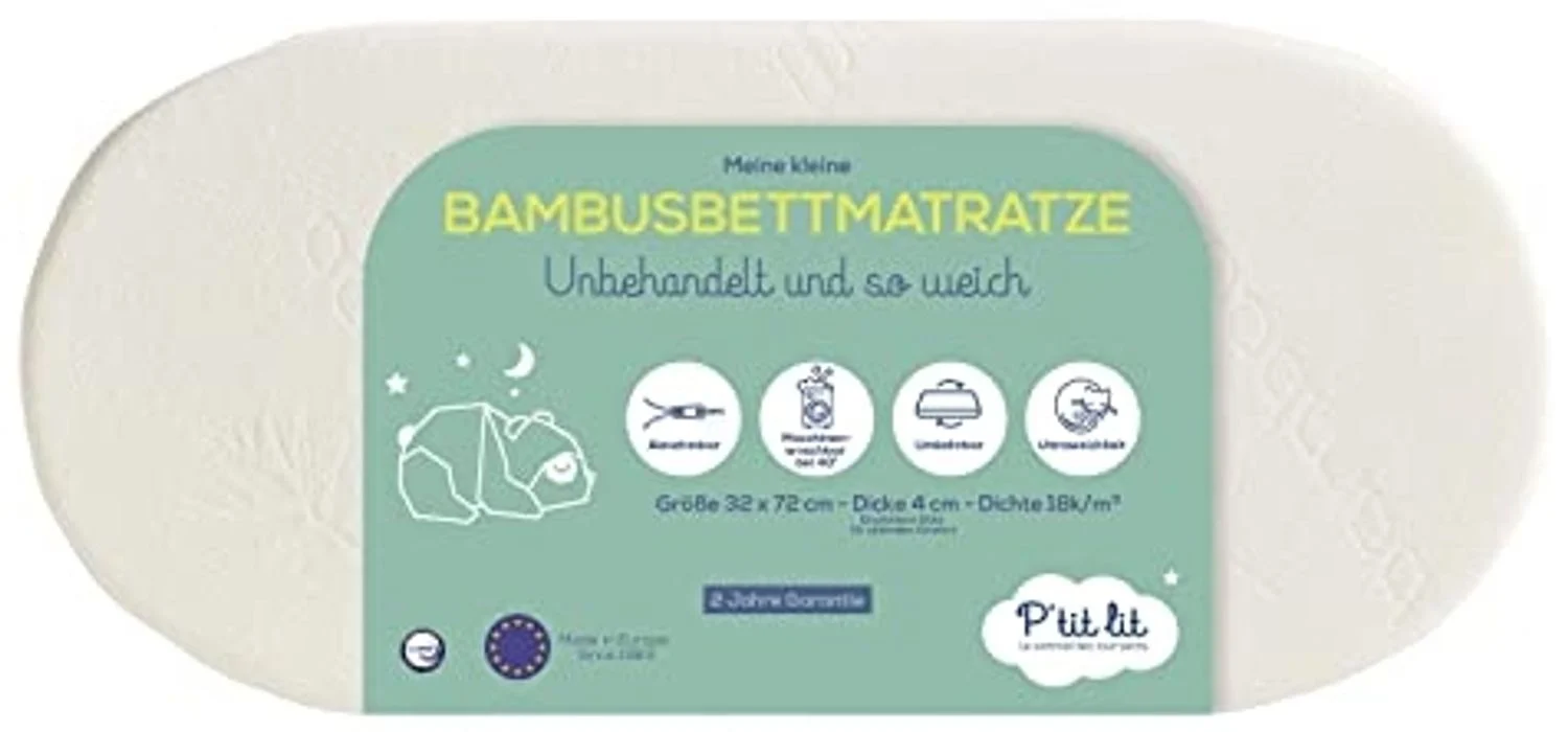 P'tit lit - Stubenwagenmatratze aus Bambus - 72x32 cm - Weiche und seidige Babyviskose - Ideale Kinderwagenwanne und Wiege - Umdrehnbar - Abnehmbar