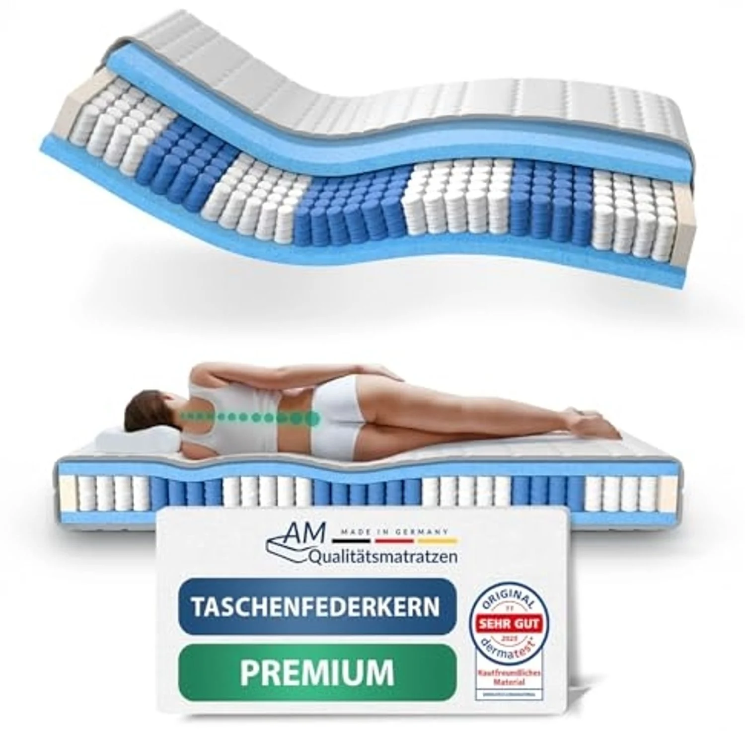 AM Qualitätsmatratzen Hochwertige 7-Zonen Taschenfederkernmatratze 90x190 cm - 24 cm Premiumhöhe - Tonnentaschenfederkernmatratze 90x190 cm - H4
