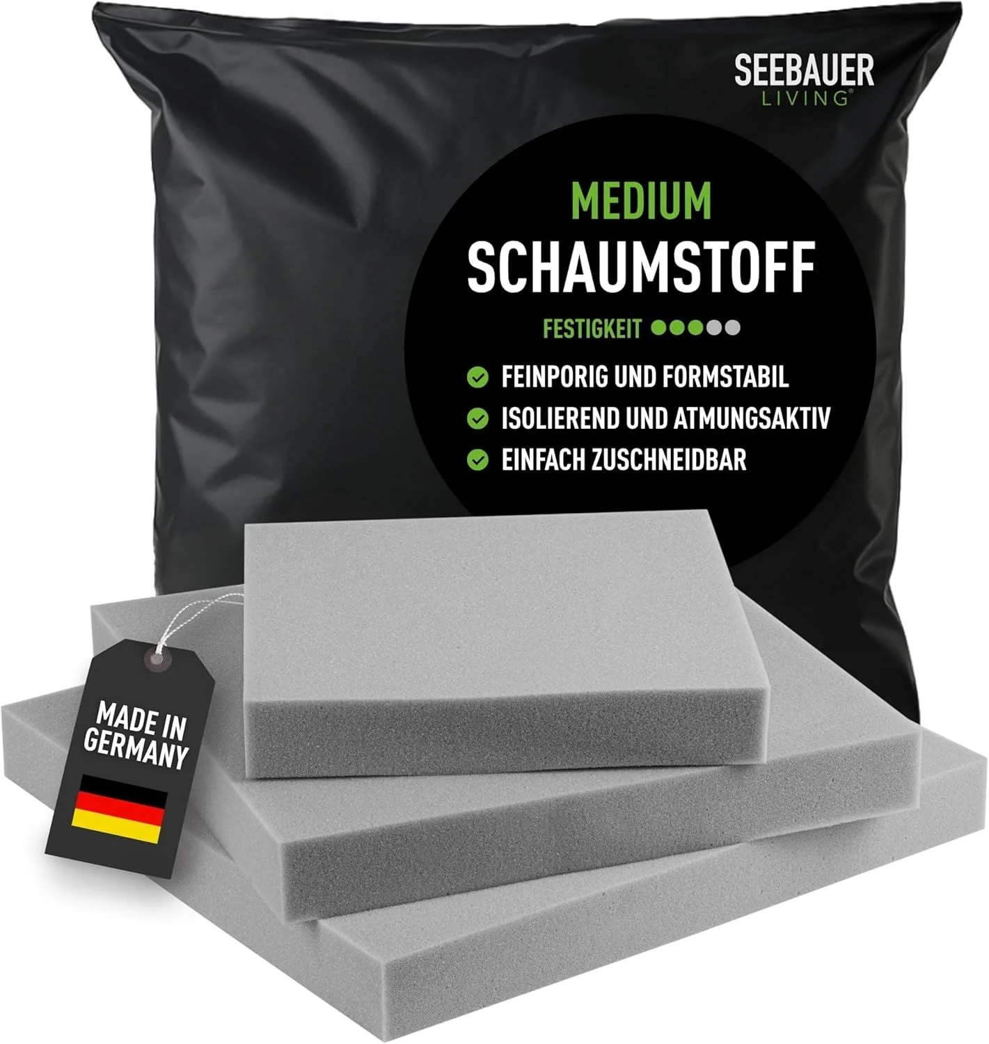 SEEBAUER Living Schaumstoff MEDIUM RG 35/40 (Mittelfest) 50 x 50 x 12 cm Schaumstoffplatte für Polster und Sitzkissen, Polsterschaumstoff als Zuschnitt für Sitzpolster
