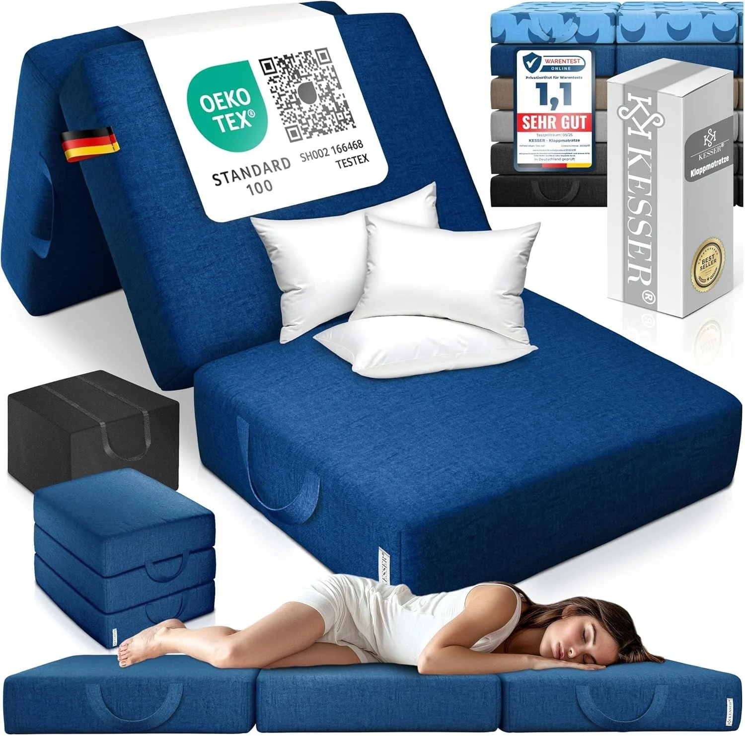 KESSER® Klappmatratze Gästematratze 3-fach Faltmatratze faltbar zum Sitzhocker | Schaumstoff 25kg/m³ extra dick 15cm atmungsaktiv waschbar abnehmbarer Bezug | Matratze inkl. Camping Tragetasche Dunkelgrün, 90 x 200 x 15 cm