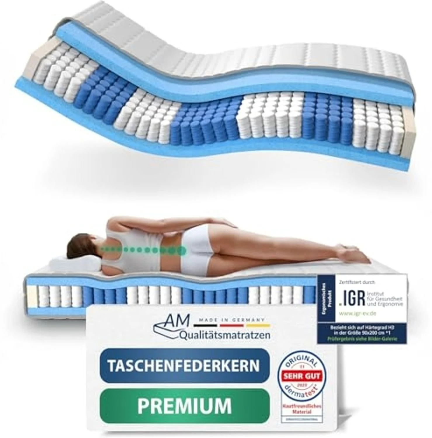 AM Qualitätsmatratzen Hochwertige 7-Zonen Taschenfederkernmatratze 200x200 cm H3