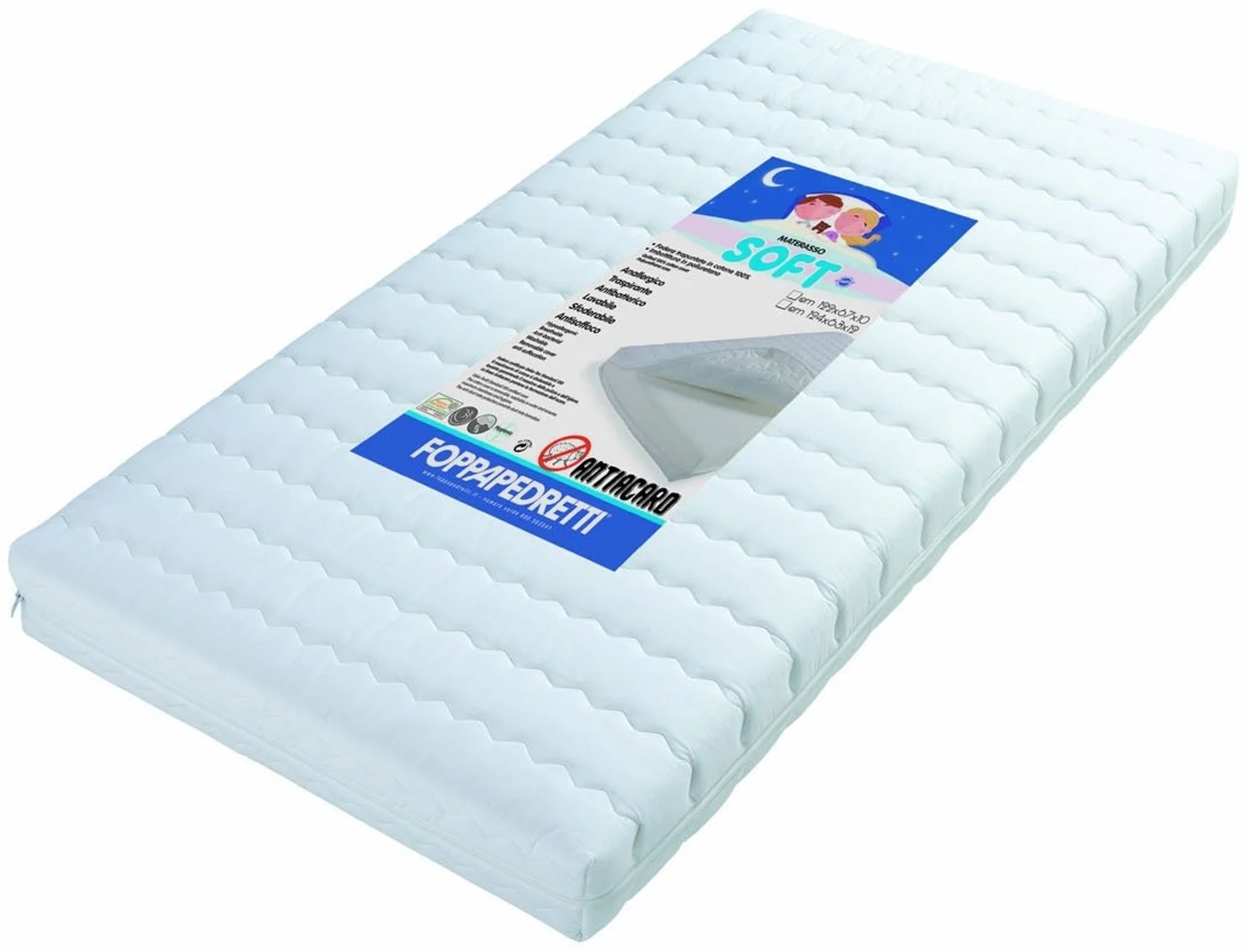 Foppapedretti Soft, Kinderbettmatratze, Bezug aus 100 % Baumwolle, abnehmbar und waschbar, Füllung aus Polyurethan, 124 x 63 x 12 cm, weiß