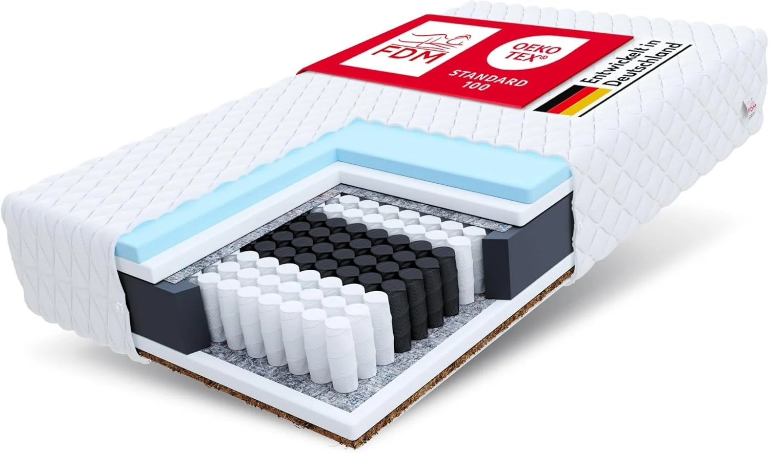 FDM Calmera Taschenfederkernmatratze 90x200 cm Matratze 7-Zonen Hochelastischer HR Komfortschaum Kokos Härtegrad H3/H4 (Mittelweich/Hart) 20 cm Höhe Zweiseitig Abnehmbarer Bezug Waschbar