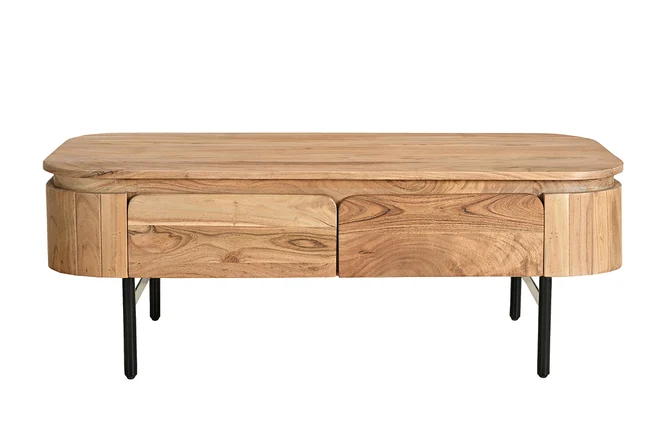 Couchtisch mit Ablagefächern aus Massivholz und schwarzem Metall 4 Schubladen B115 cm NAPOLI