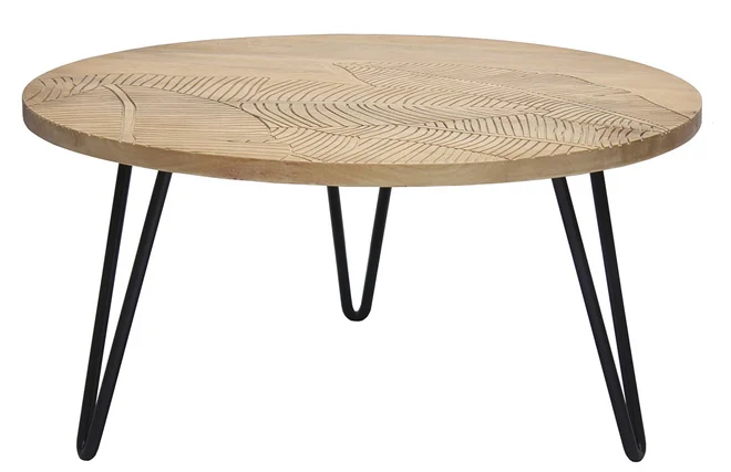 Couchtisch rund strukturiert aus Mangoholz und schwarzem Metall VIBES