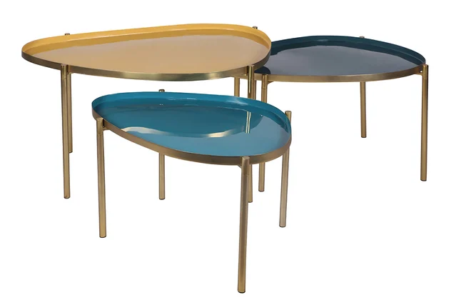 Couchtische aus Stahl vergoldet senfgelb, blau und türkis (3er-Satz) ZURIA
