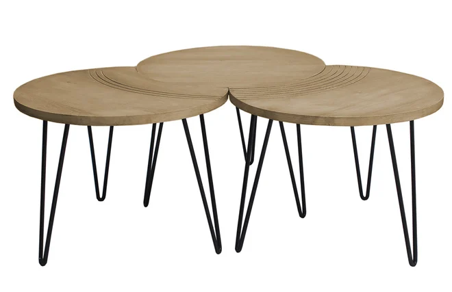 Couchtische strukturiert aus Mangoholz und schwarzes Metall (3er-Set) VIBES