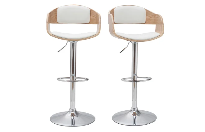 Design-Barhocker höhenverstellbar aus weißem Polyurethan und hellem Holz (2er-Set) EUSTACHE