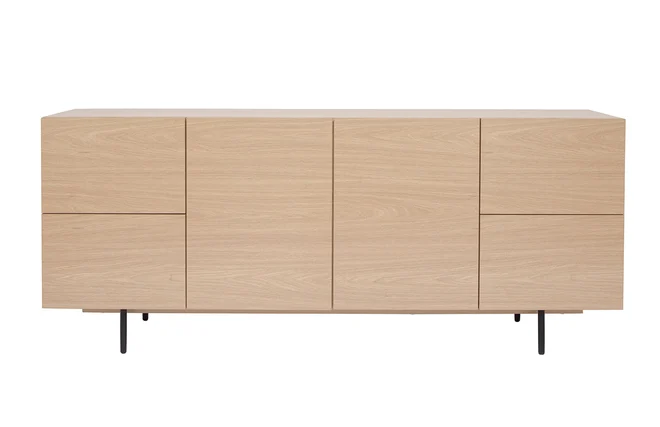 Design-Sideboard aus hellem Eichenfurnier und schwarzem Metall, 2 Türen, 4 Schubladen B180 cm ALASKA