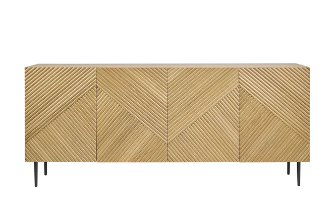 Design-Sideboard aus hellem, massiver Eiche mit Gravur und schwarzem Metall, 4 Türen, B180 cm ARCHIPEL