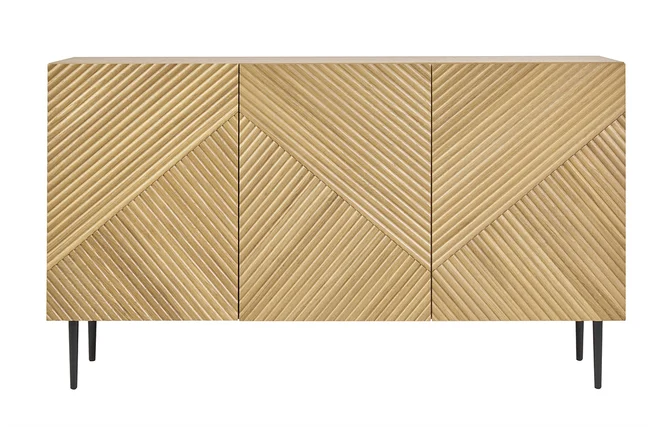 Design-Sideboard aus heller, massiver Eiche mit Gravur und schwarzem Metall, 3 Türen, B135 cm ARCHIPEL