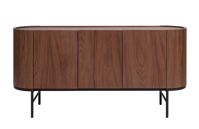 Design-Sideboard dunkles Walnussfurnier und schwarzes Metall 3 Türen B160 cm SKYE