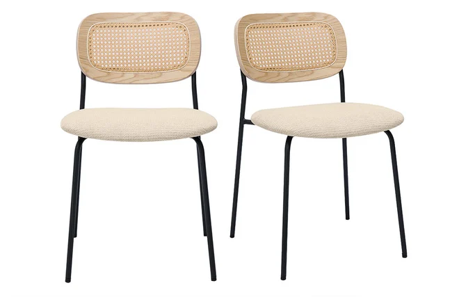 Design-Stühle in beigem strukturiertem Samteffektstoff, schwarzem Metall und Rattanwebung (2er-Set) MIRANDA