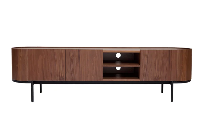 Design-TV-Möbel aus dunklem Walnussfurnier und schwarzem Metall mit Stauraum B180 cm SKYE