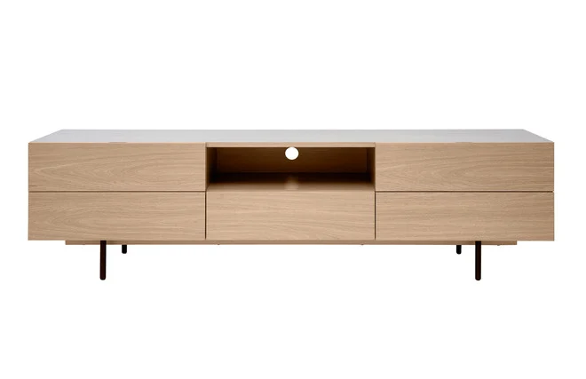 Design-TV-Möbel mit Stauraum aus hellem Eichenfurnier und schwarzem Metall B180 cm ALASKA