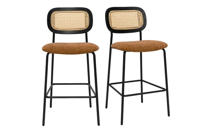 Designhocker aus Samtstoff in verbrannter Erde Effekt, schwarzem Metall und Rattan-Geflecht (Set aus 2) MIRANDA