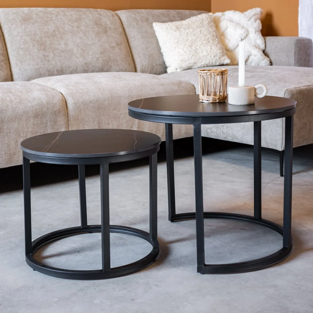 Runder Couchtisch, 2er-Set, Paige, schwarzer Marmor-Look, gesinterter Stein
