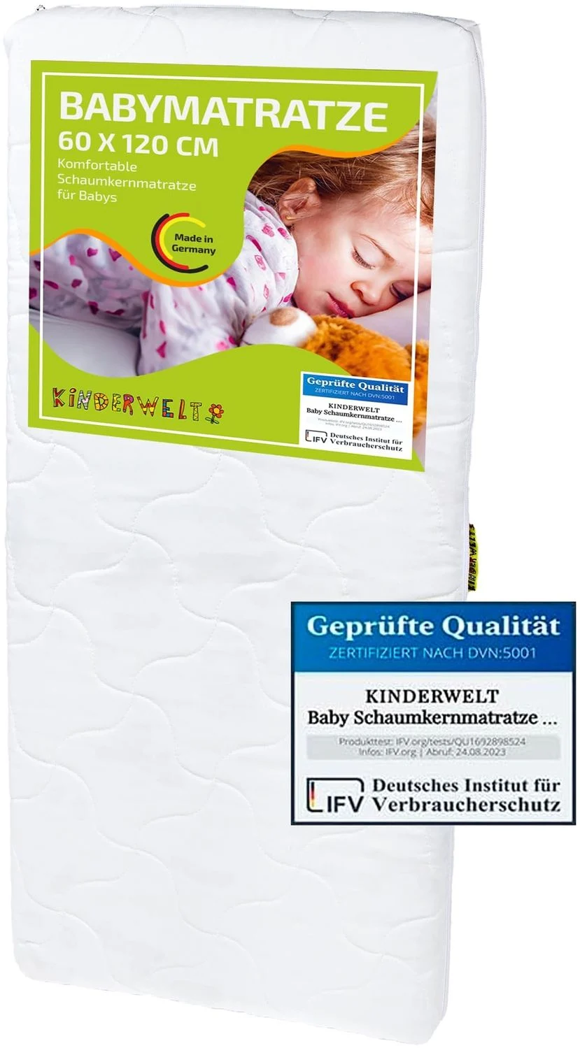 KiNDERWELT Babymatratze 120 x 60 x 9 cm, Schaumkernmatratze Komfortbezug gesteppt, Matratze für Kinderbett, Schaumstoffmatratze Kinder, Made in Germany