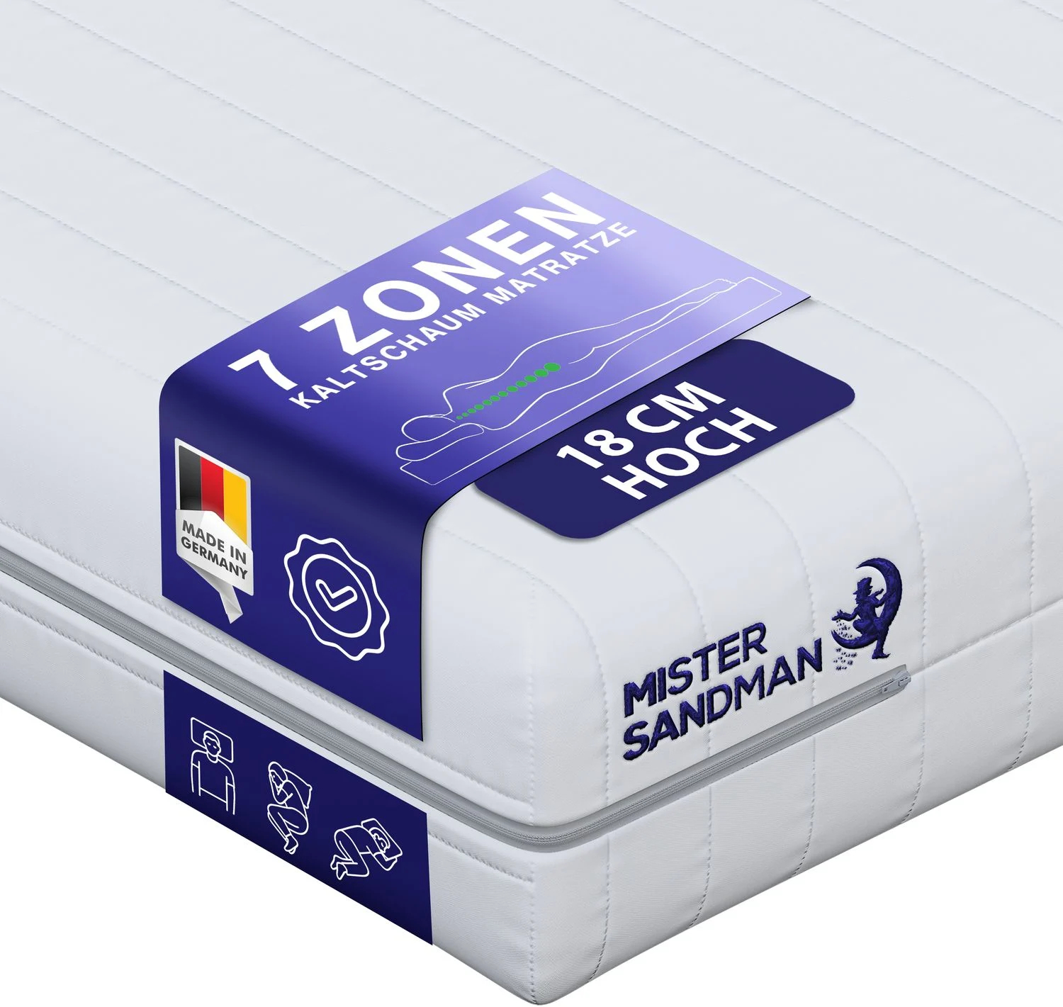 Mister Sandman Kaltschaum Matratze 90x190 – 18 cm Höhe, Härtegrad H2/H3, 7 Zonen, ergonomisch & pflegeleicht