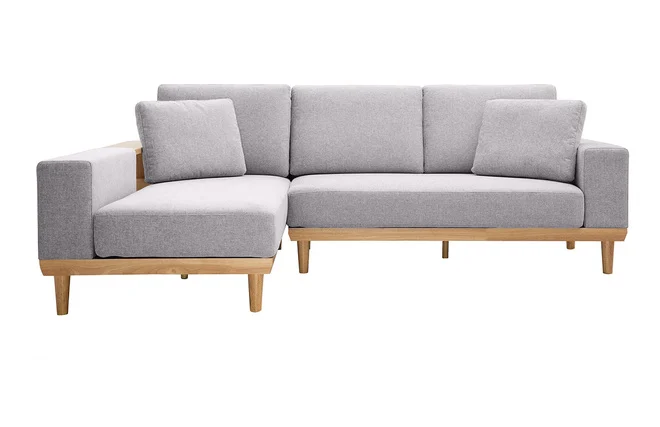 Ecksofa 5-Sitzer mit Stauraum hellgrauer Stoff mit strukturiertem Samteffekt und helles Holz KOMAO.