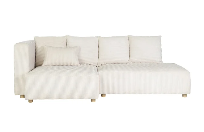 Ecksofa links 3-Sitzer aus beigem Cord-Flachgewebe und hellem Holz HARLEM