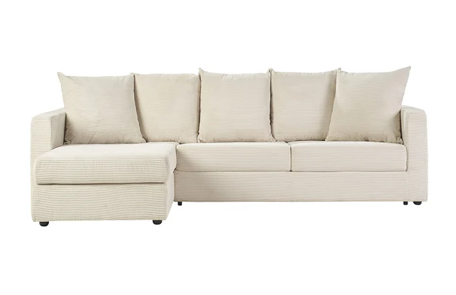 Ecksofa linksseitig konvertibel 4 Sitzer in beige Rippenvelours mit 13 cm Matratze BACIO