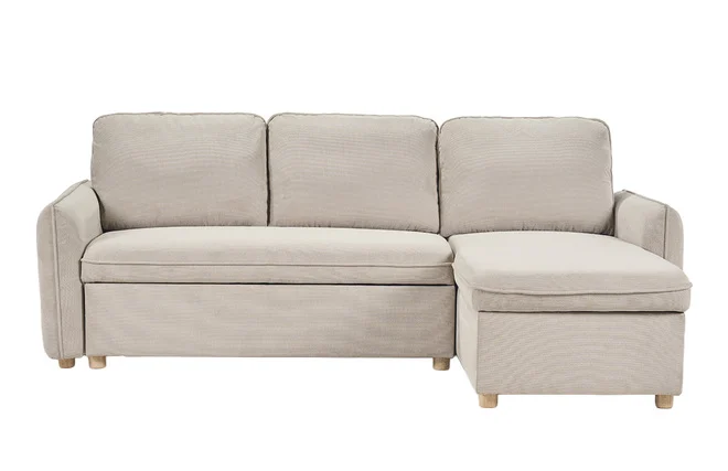 Ecksofa mit umkehrbarer Schlaffunktion und Stauraum, 3-Sitzer in strukturiertem Samt-Optik Stoff beige und hellem Holz ORSO