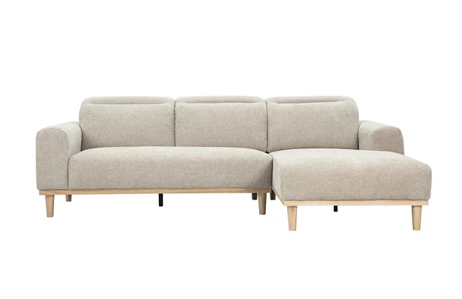Ecksofa rechts 3-Sitzer mit verstellbaren Kopfstützen in beige samtartigem strukturiertem Stoff und hellem Holz HORACIO