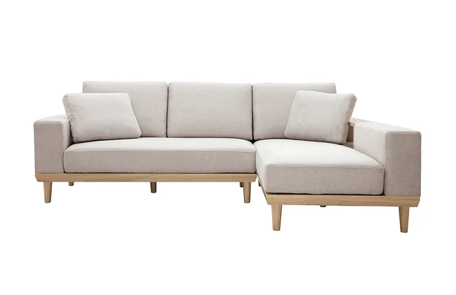 Ecksofa rechts 5-Sitzer mit Stauraum beiger Stoff mit strukturiertem Samteffekt und helles Holz KOMAO