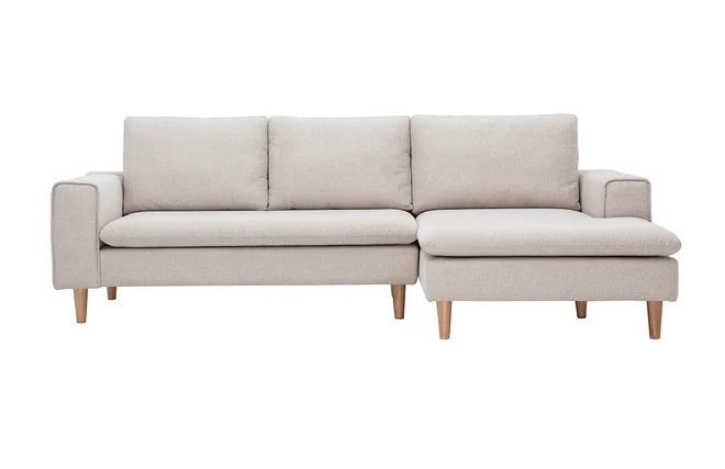 Ecksofa rechts in beigem Samteffekt Textilstoff und hellem Holz RAGNAR