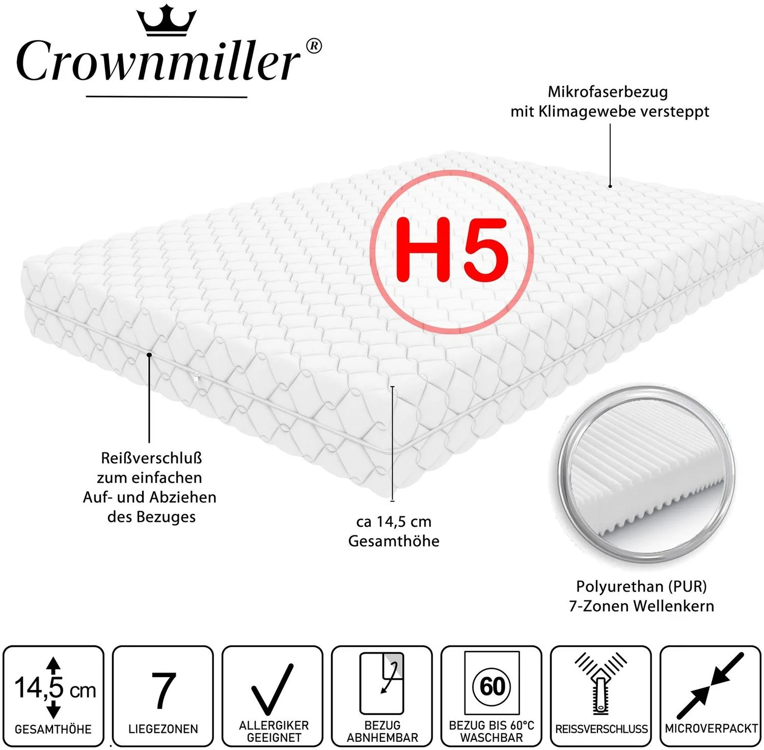 Crownmiller Gigant Plus 90x200cm extra fest, 7 Zonen Matratze, 14,5 cm, Bezug waschbar bis 60°C