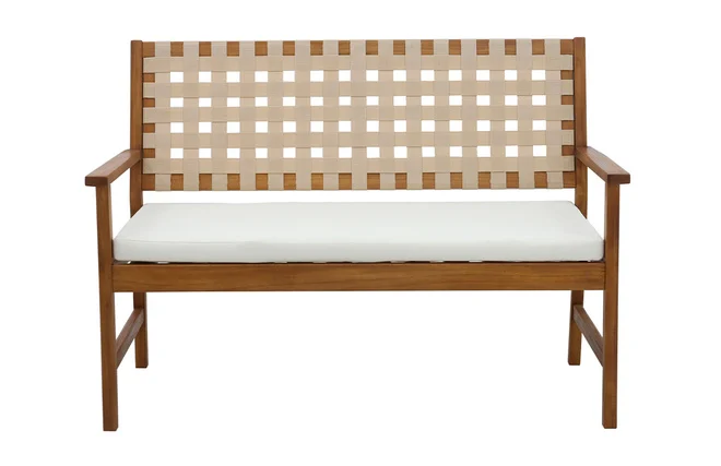 Gartenbank aus Massivholz 2-Sitzer mit weißem Kissen und Riemen L114 cm SANTANA