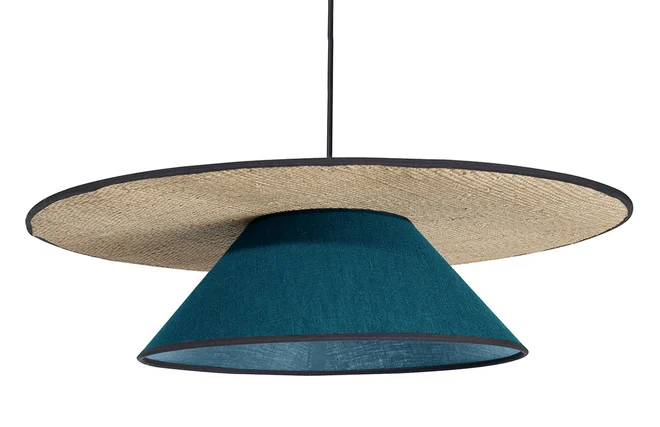 Hängeleuchte aus pfauenblauem Leinen und Bast D50 cm AZAMI