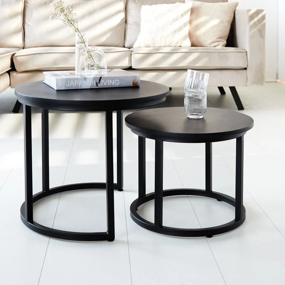 Industrieller runder Couchtisch, 2er-Set, Rosa, Schwarz, Holzoptik