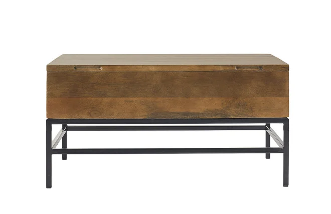 Industrieller Couchtisch mit Hochklappfunktion aus massivem, getöntem Mangoholz und schwarzem Metall L90 cm YPSTER