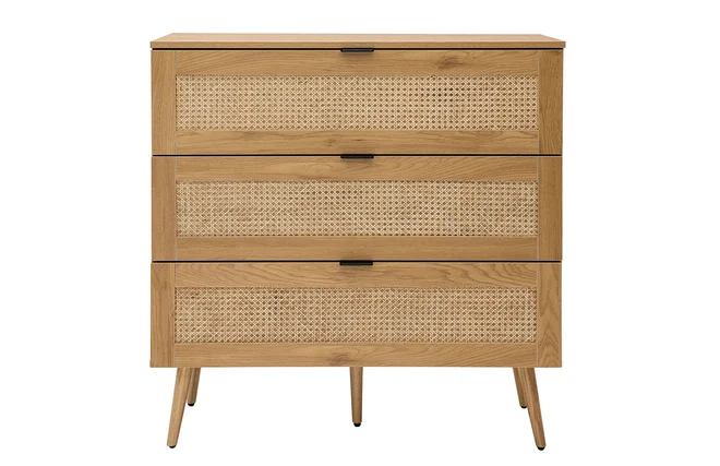 Kommode aus hellem Holz, Rattangeflecht und schwarzem Metall 3 Schubladen L100 cm MANILLE
