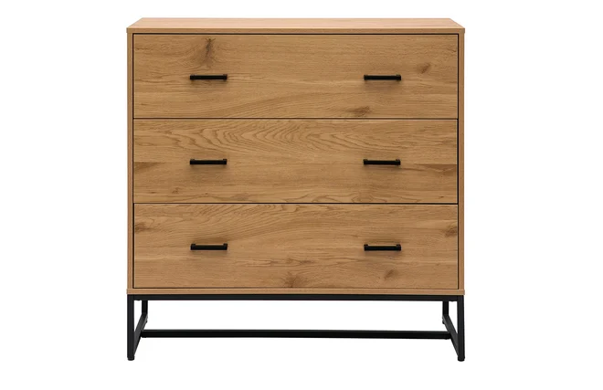 Kommode mit 3 Schubladen in hellem Eichenholzfinish und schwarzem Metall B100 cm LOVATO