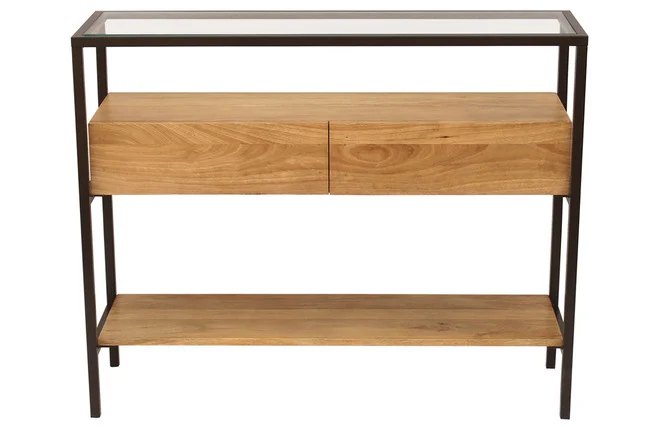Konsole aus massivem Mangoholz und Glasplatte 2 Schubladen B100 cm SITA