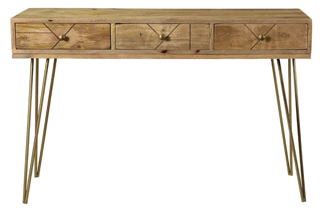 Konsole graviert aus Mangoholz und vergoldetem Metall L120 cm LINIUM