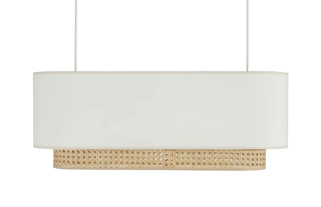 Lampenschirm für Doppelpendel aus weißem Stoff und natürlichem Rattangeflecht L62 cm TIWY
