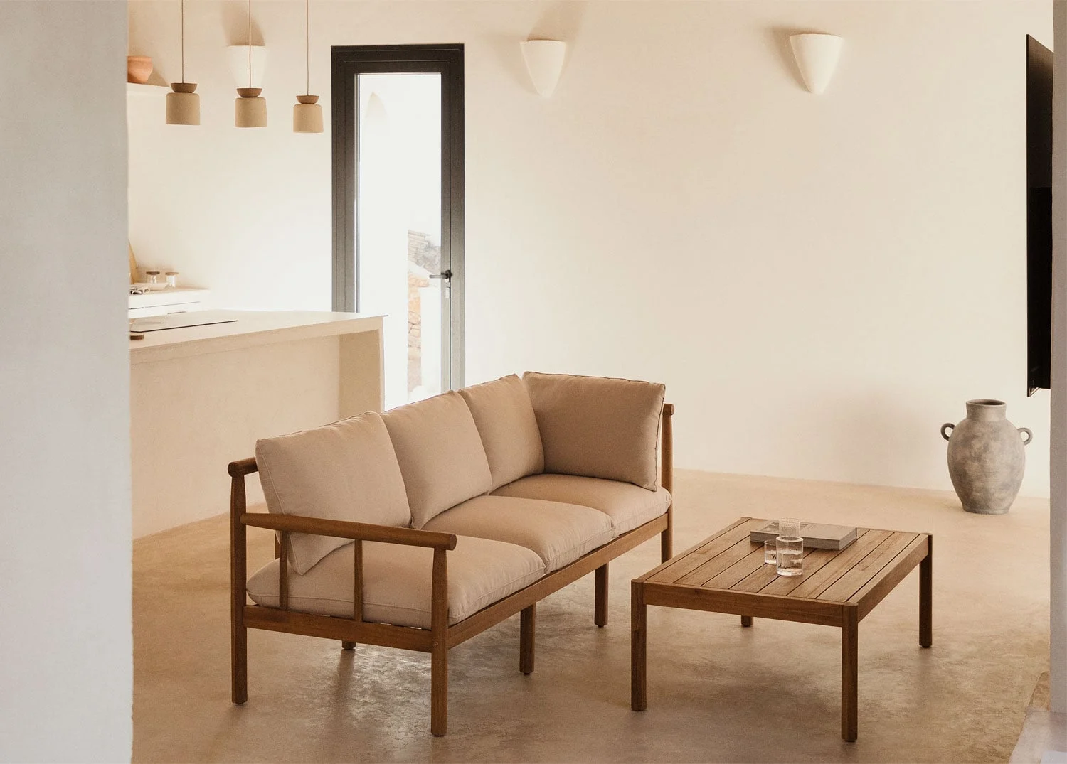 Wohnzimmer-Set mit 3-Sitzer-Sofa und Couchtisch aus Akazienholz Melvin