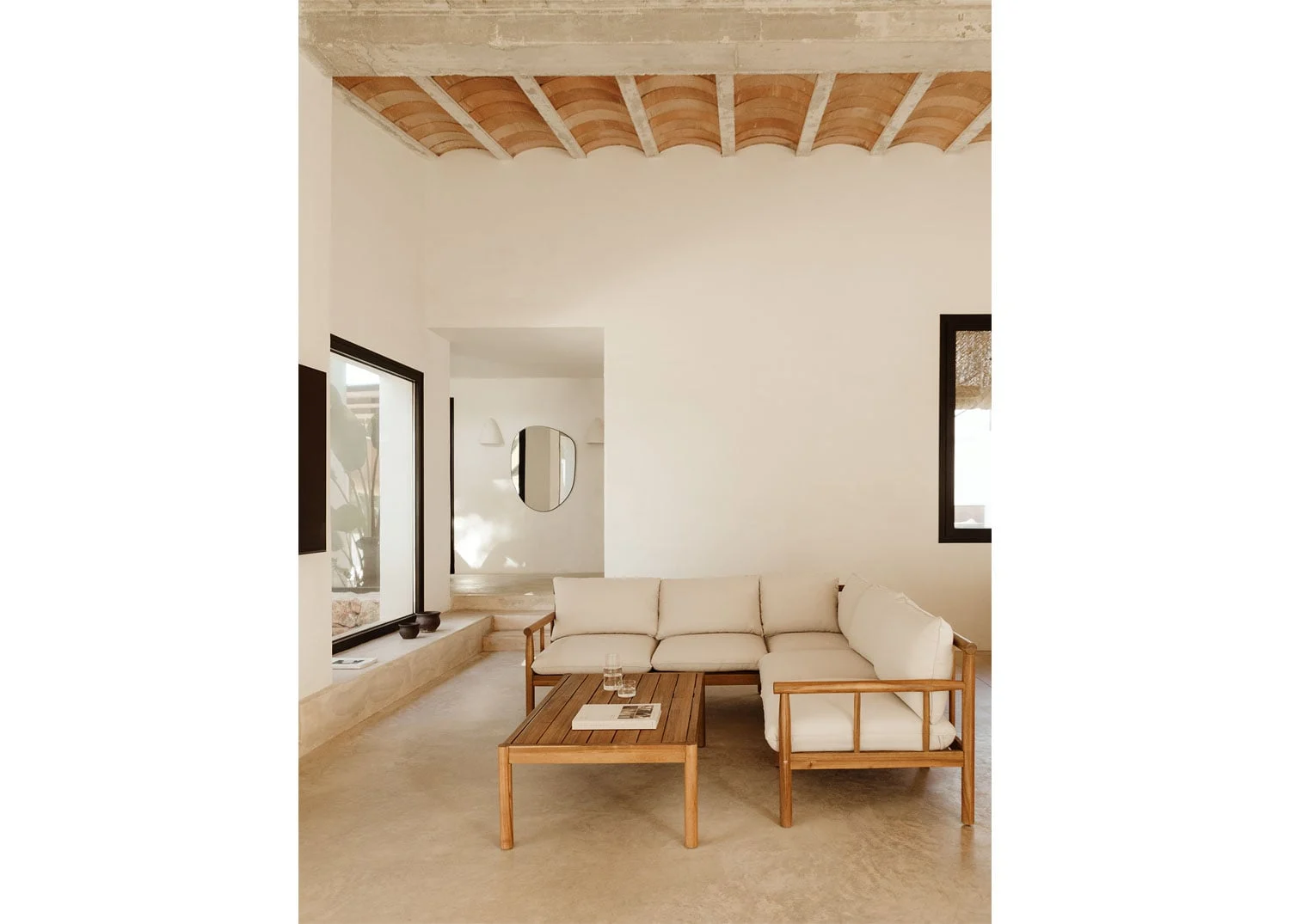 Wohnzimmer-Set mit 5-Sitzer-Ecksofa und Couchtisch aus Akazienholz Melvin