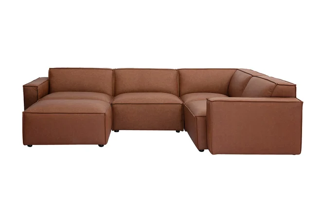 Modulares Vintage-Ecksofa mit 5 Sitzplätzen und Hocker in braunem Leder SPLIT
