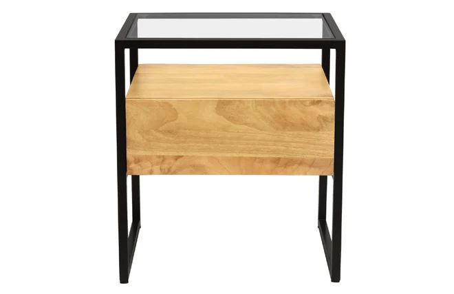 Nachttisch mit Schublade aus massivem Mangoholz, Glas und schwarzem Metall DIYA