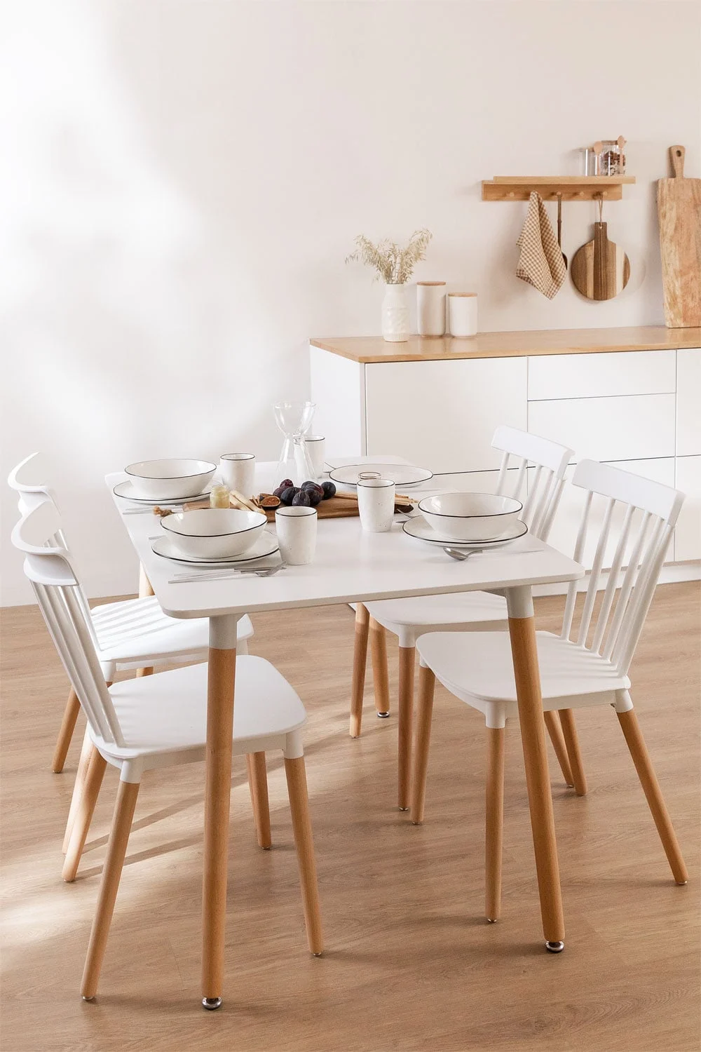 Rechteckiges Esszimmertisch-Set 120x80 cm aus Buchenholz und MDF mit 4 Royal Stühlen